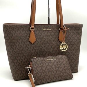 Michael Kors Bag Large Sheila Mf Tote Bag & Large Double Zip Wallet Brown/Gold